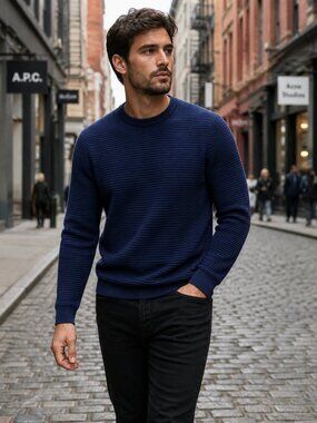 Peter Werth Loadstar Men’s Navy Ribbed Crew Pullover Sweater British style NWT